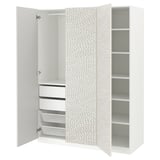 White ikea PAX wardrobe with mesh baskets and shelving.