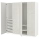 White PAX wardrobe with two open sections revealing drawers and shelves, featuring a textured door design.