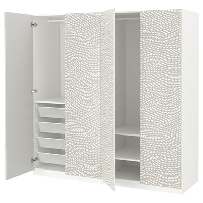 White PAX wardrobe with two open sections revealing drawers and shelves, featuring a textured door design.