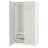 A white PAX wardrobe with a textured door and interior storage shelves, drawers, and rail.