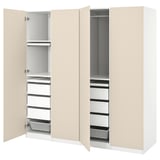 PAX wardrobe: cream, wooden, rectangular, with multiple shelves and drawers.