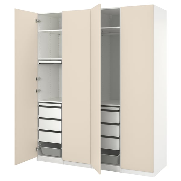 PAX wardrobe, beige, has 4 shelves, 2 drawers, soft-close doors. Modern design for organized space.