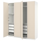 PAX wardrobe, beige, has 4 shelves, 2 drawers, soft-close doors. Modern design for organized space.