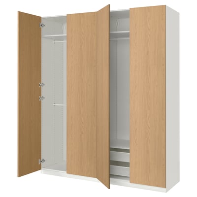 PAX wardrobe: light wood, white interior, three sections, two doors open, shelves and hanging rail.