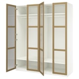 PAX wardrobe, white, oak, four open doors, adjustable shelves, modern design.