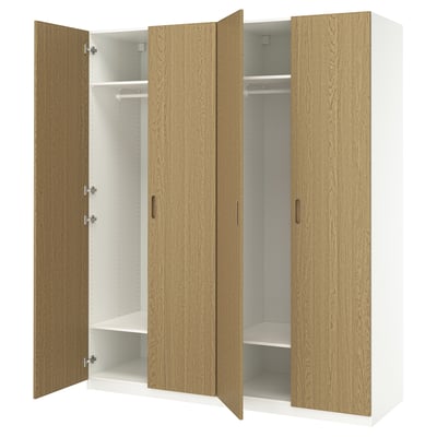 PAX wardrobe: light wood, tall, three sections. Two doors open, one closed.