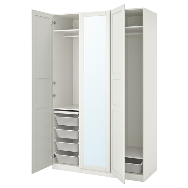White PAX wardrobe, open, mirrored center, shelves, drawers, metal baskets.