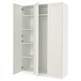 An open off-white IKEA PAX wardrobe with adjustable shelves and hanging space.