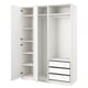 Option: A white PAX wardrobe with open doors, shelves, a hanging rail, and drawers.