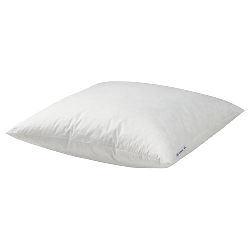 White rectangular pillow with feather filling, soft cotton cover, for stomach sleepers.