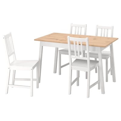 White PINNTORP dining set with light wood table and 4 matching chairs.