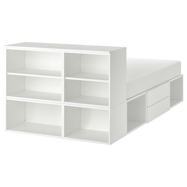 White PLATSA bed with storage, minimalist design.