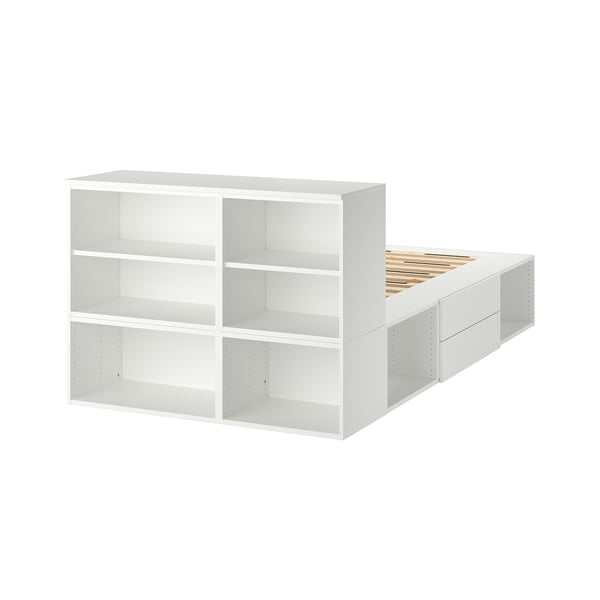 White PLATSA bed frame with open shelves and drawers for storage, modern minimalist design.