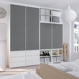 Modern bedroom with PLATSA wardrobe, white dresser, gold mirror, pendant lamp, & cozy striped bed.
