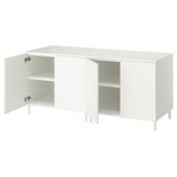 A white PLATSA cabinet with open doors revealing shelves inside.