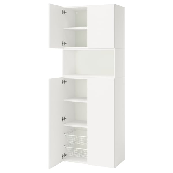 White PLATSA storage unit, three sections, two doors open showing shelves and basket.