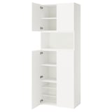 White PLATSA storage unit, three sections, two doors open showing shelves and basket.