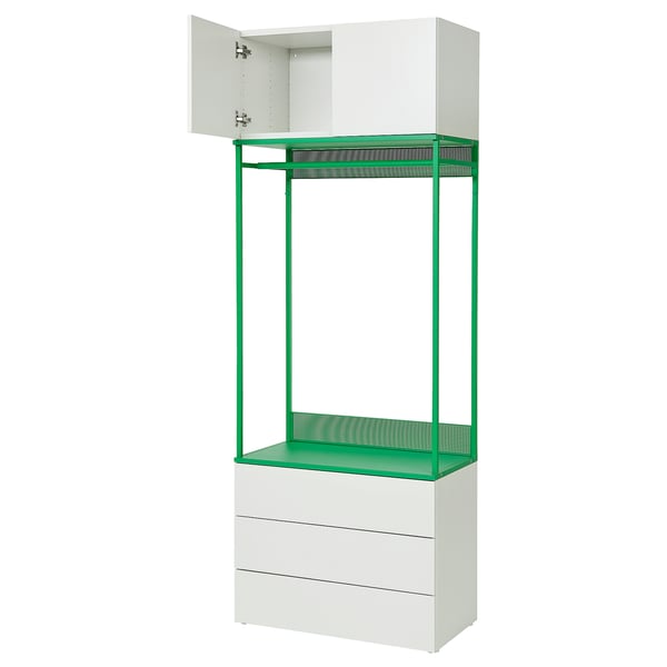 A PLATSA storage unit with green accents and white drawers. It has open storage shelves, a hanging area, and adjustable feet.