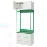 A PLATSA storage unit with green accents and white drawers. It has open storage shelves, a hanging area, and adjustable feet.