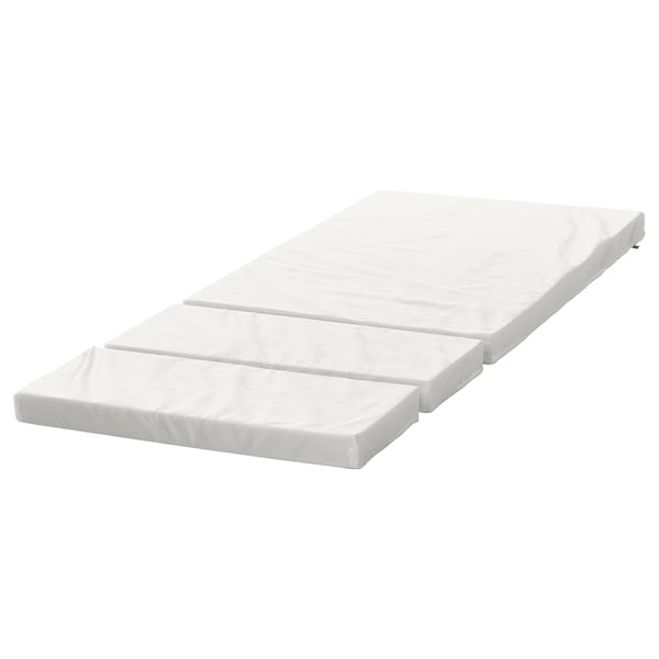 A white PLUTTEN foam mattress, rectangular, 3-part, reversible, and zippered for safety.