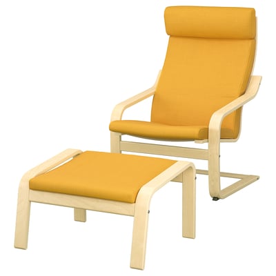 Bright yellow POÄNG chair and ottoman set. Comfortable with wooden frame, soft cushions.