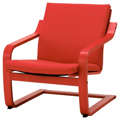 Red modern armchair, curved wooden frame, cushioned seat and back, minimalistic design.