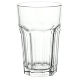 Clear tempered glass tumbler, hexagonal design, sturdy café-style.