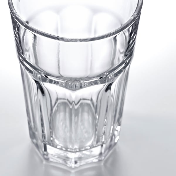 Close-up of clear, empty glass with ridged design, showing transparency and durability.