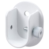 White metal wall mount with two screws, one circular hole, and a semicircular cutout, used for hanging curtains.