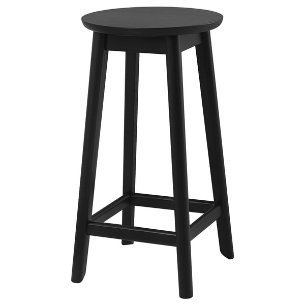 RÄVSTEN bar stool, black, rubberwood, round seat, four-legged design.