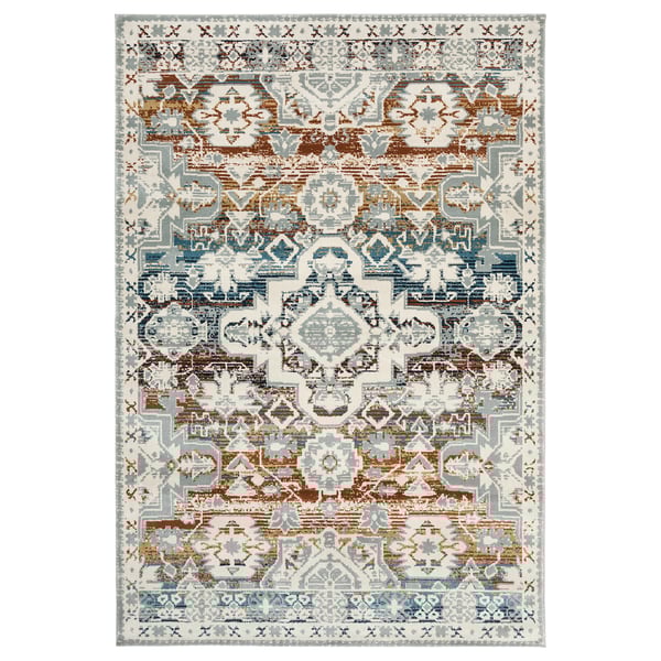 Randbol rug, grey-blue & beige, rectangular, intricate floral pattern, durable polypropylene.