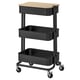 Option: Black 3-tier storage trolley with wooden top, four wheels, sleek design, ideal for kitchens.
