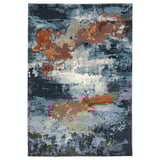 Abstract rug with dark blue, grey, and orange hues. An artistic, textured pattern. Crafted from durable polypropylene with a latex backing.