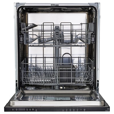A white dishwasher with an open door, revealing its stainless steel racks inside.