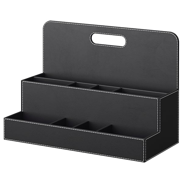 A black RISSLA desk organizer with handle, divided compartments, and sturdy surface for storage.