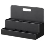 A black RISSLA desk organizer with handle, divided compartments, and sturdy surface for storage.