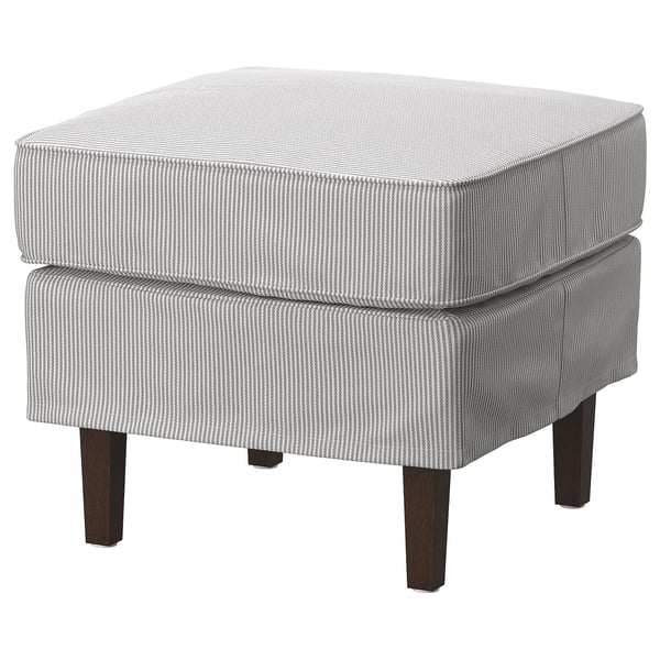ROCKSJÖN footrest: square, grey & white striped, wooden legs, plush.