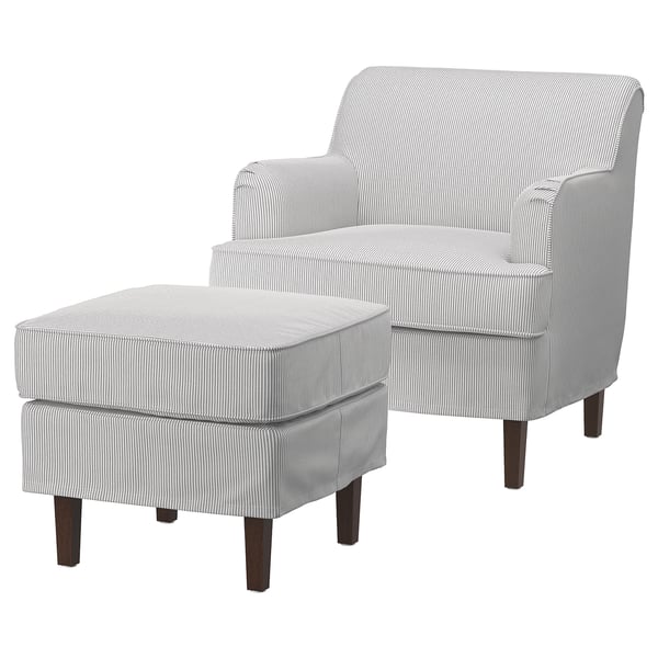 Modern chair & ottoman set, gray stripes, wood legs, cozy & stylish.