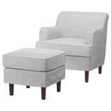 Modern chair & ottoman set, gray stripes, wood legs, cozy & stylish.