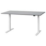 A RODULF sit-stand desk in gray with a sleek, rectangular top and sturdy white legs with adjustable height functionality.