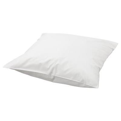 A white, square-shaped RÖNNVECKMAL pillowcase made of cotton percale, featuring an envelope closure.