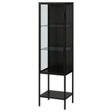 A black RUDSTA glass-door display cabinet with three glass shelves, standing on a white background.