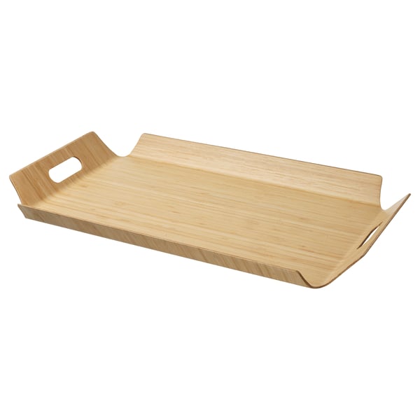 SILVERHAJMAL wooden tray, natural color, bamboo material, rectangular shape, with handles.