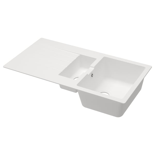 White SINKSJÖN sink, rectangular shape, with drainboard, quartz sand & acrylic plastic.