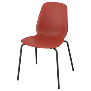 Red SKÅLSTA chair with curved seat and back, four black metal legs, stackable design.