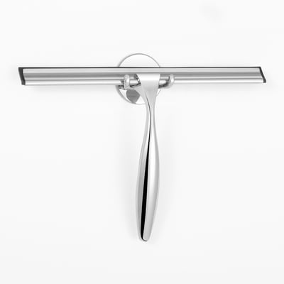 Stainless steel squeegee with curved handle and two hooks for hanging, shown against a white background.