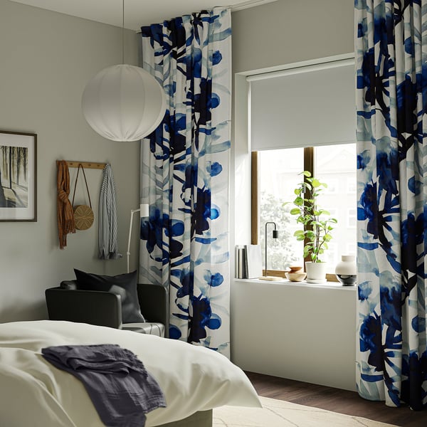 SKOGSNÄSSLA Curtains, 1 pair, white/blue floral pattern/with heading tape, 145x280 cm