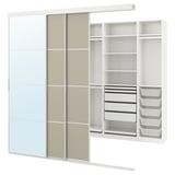 This image shows a white SKYTTA wardrobe with mirror and fabric doors, featuring shelves, drawers, and hanging space.