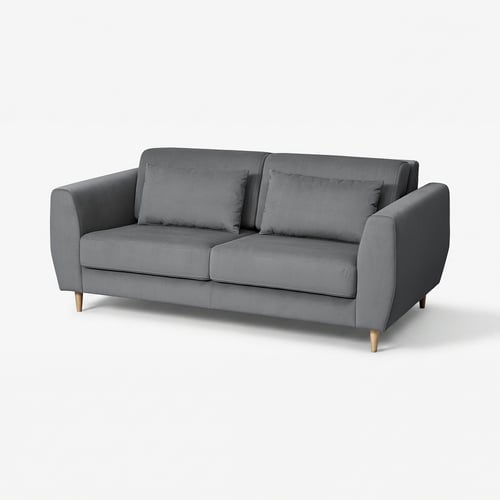 Grey SLATORP sofa, modern design with wooden legs, comfy cushions.