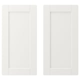 Two white rectangular wardrobe doors with wide frames and rounded corners.